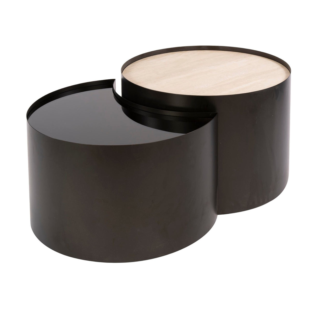 Set de 2 tables basses Moony – structure métal & céramique aspect travertin et verre