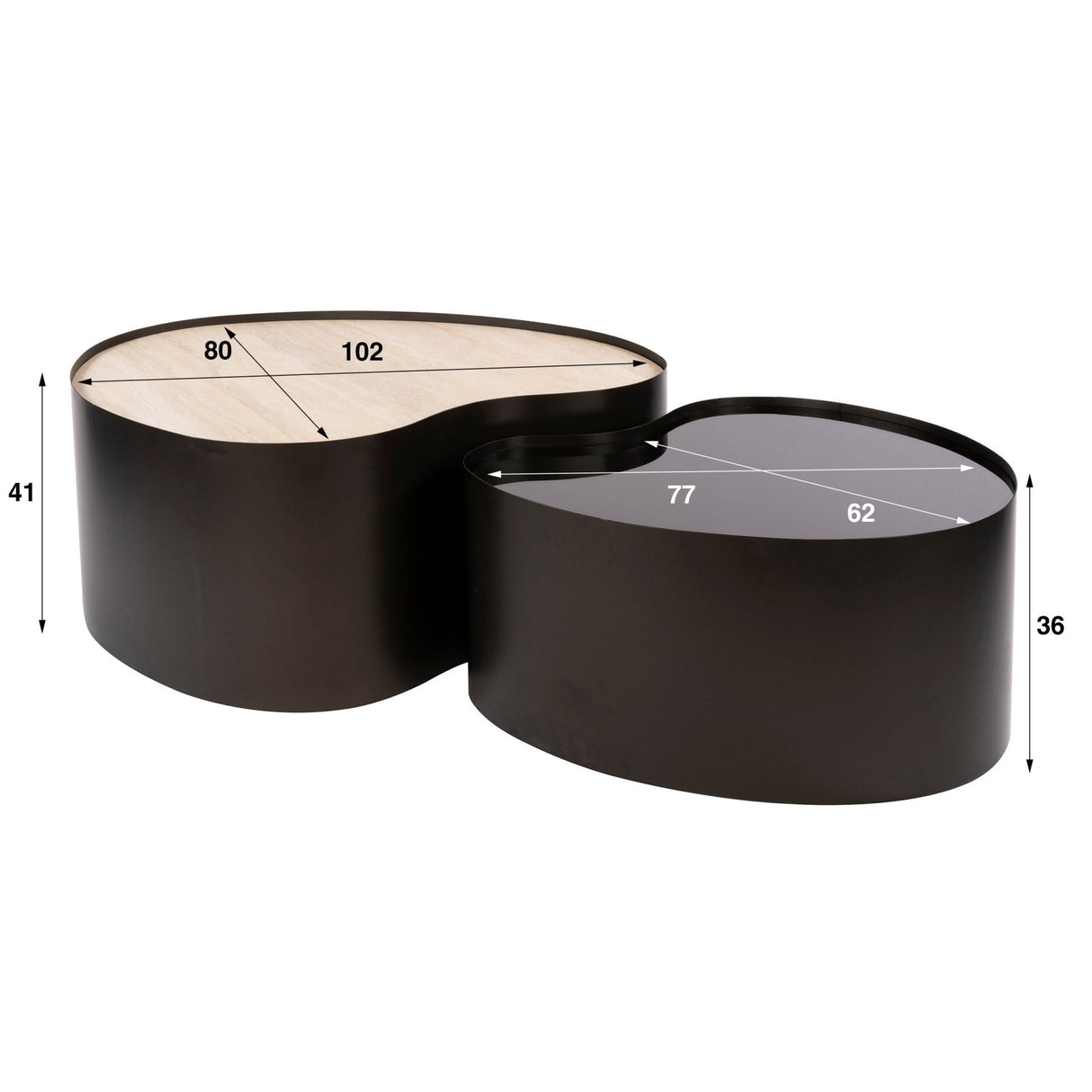 Set de 2 tables basses bio Moony – structure métal & céramique aspect travertin et verre
