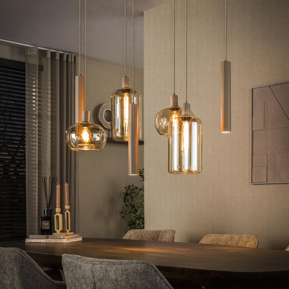 Lampe à suspension Sera 7 lumières métal beige verre ambré