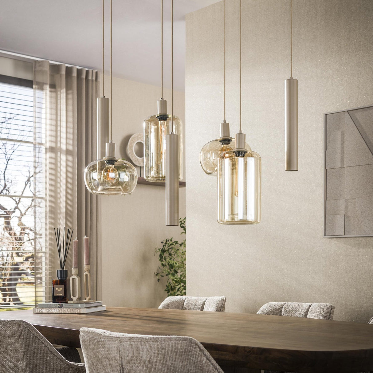 Lampe à suspension Sera 7 lumières métal beige verre ambré