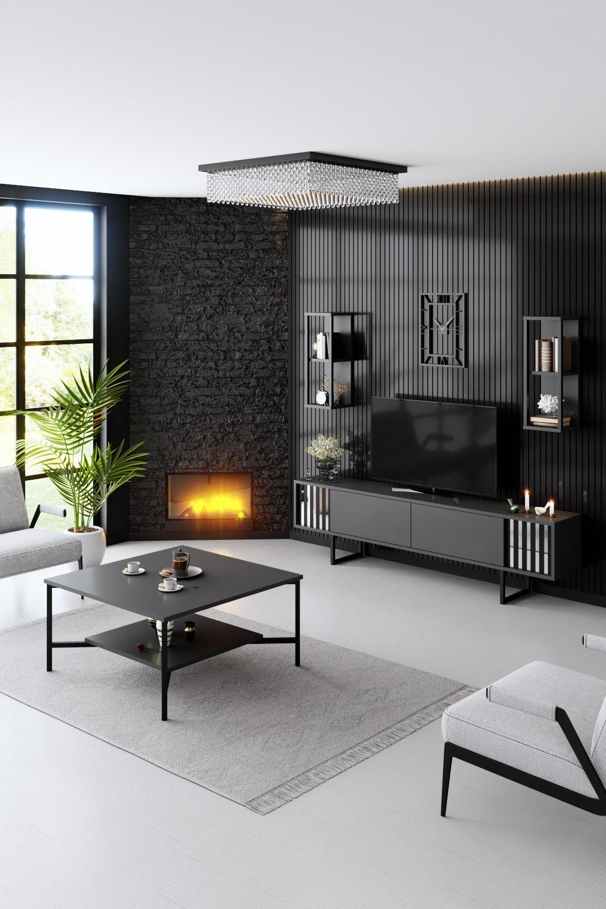TV Meubels - TV Meubel Set Chrome Line Antraciet Zwart Melamine 180x48x30 cm - Dimehouse