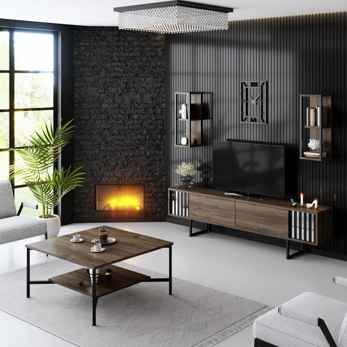 Ensemble de meubles Noyer-Noir - Ligne Chrome - Table basse + Meuble TV