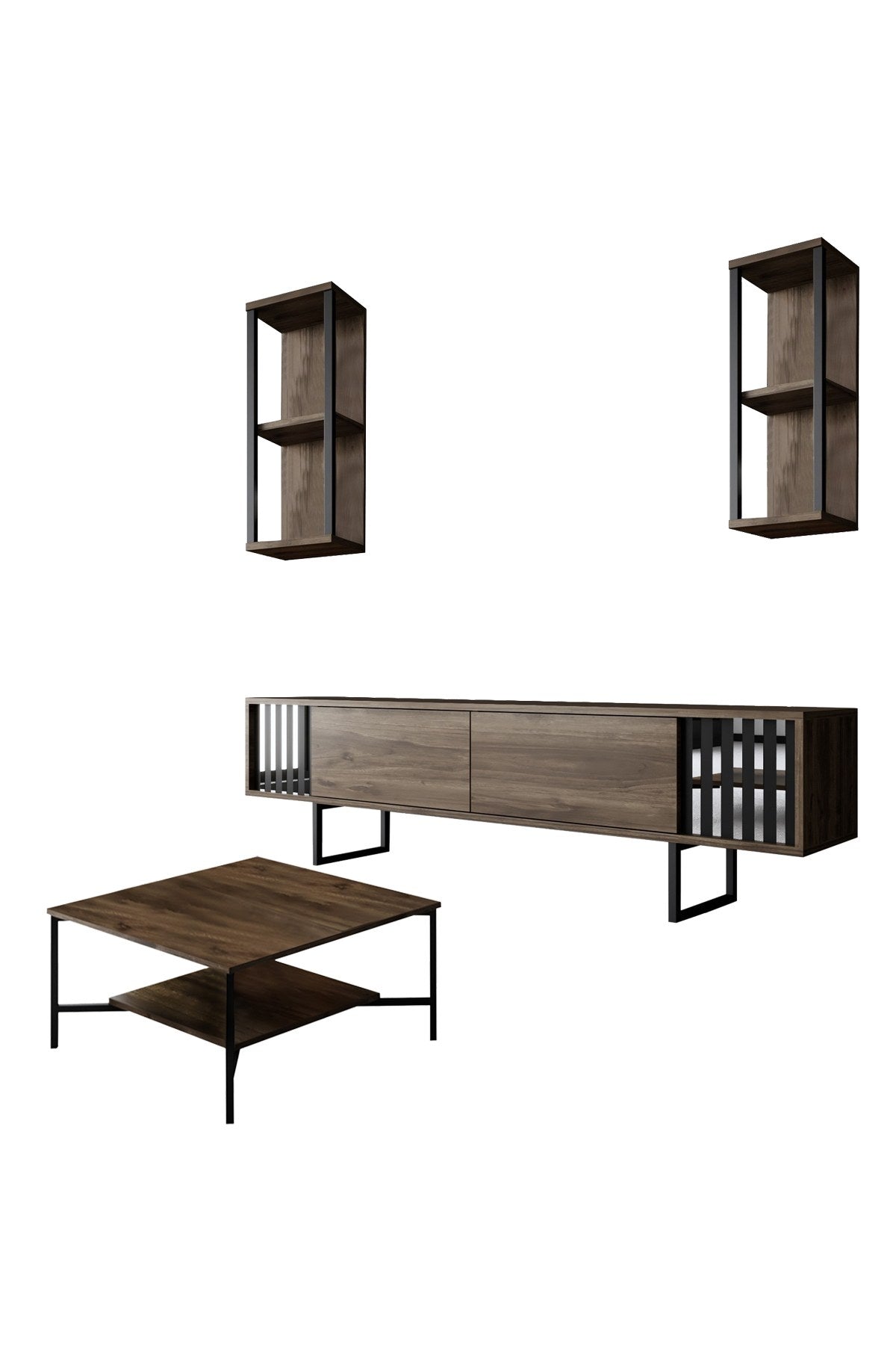 Ensemble de meubles Noyer-Noir - Ligne Chrome - Table basse + Meuble TV