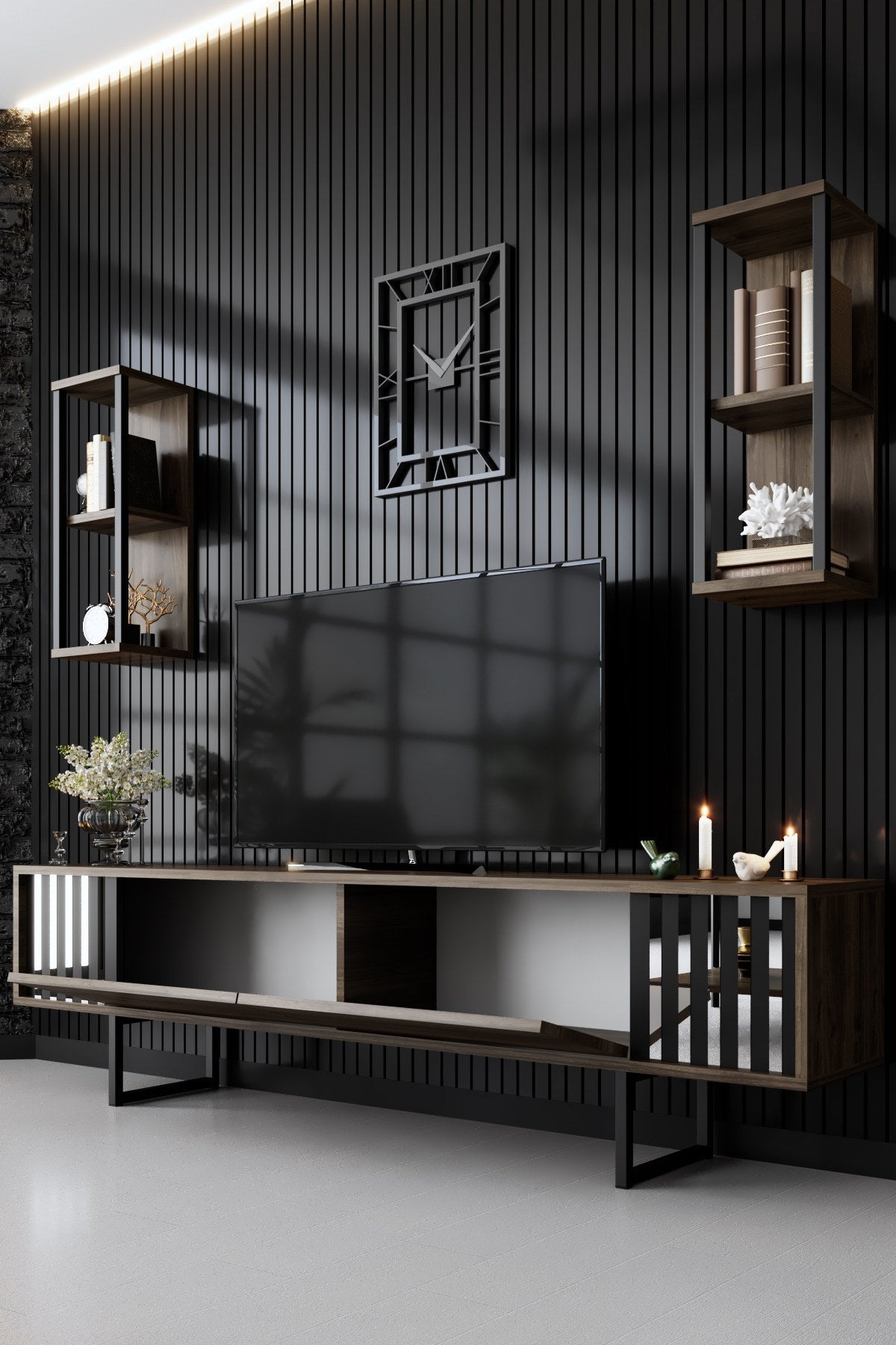 Ensemble de meubles Noyer-Noir - Ligne Chrome - Table basse + Meuble TV