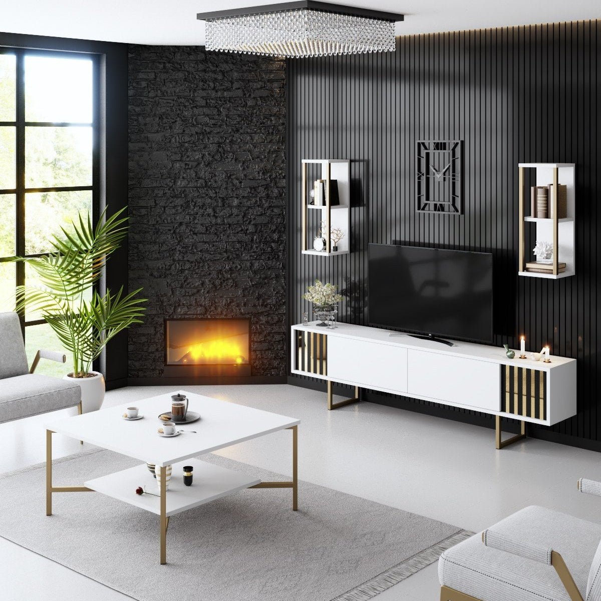 Meubelsets - Meubelset Wit - Goud - Gold Line - Salontafel + TV Meubel - Dimehouse