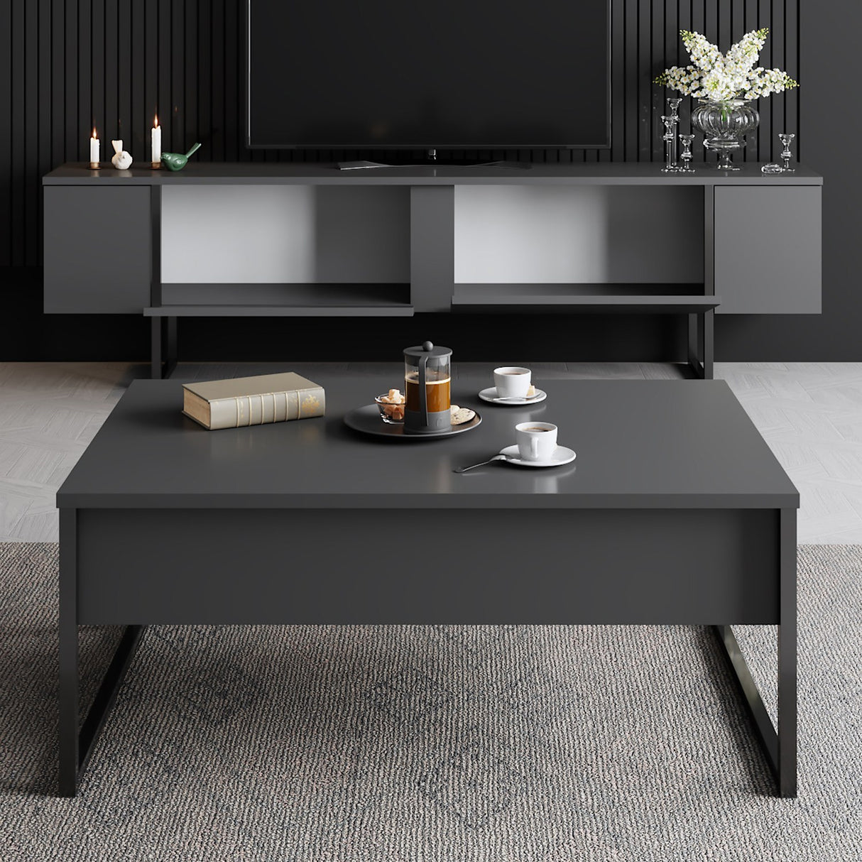 Ensemble de meubles Anthracite Luxe - Table basse + meuble TV - Structure noire