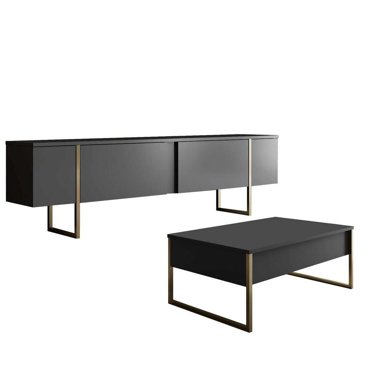 Ensemble de meubles Anthracite Luxe - Table basse + meuble TV - Cadre doré