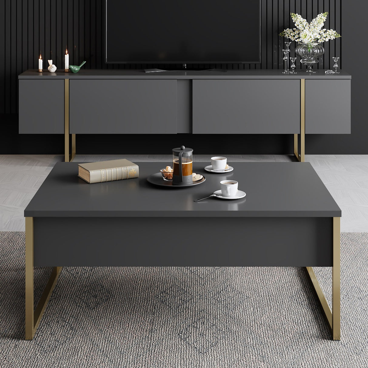 Ensemble de meubles Anthracite Luxe - Table basse + meuble TV - Cadre doré