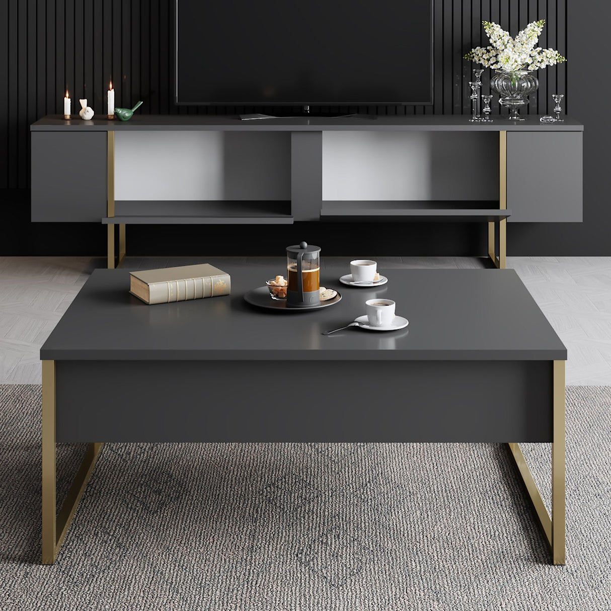 Ensemble de meubles Anthracite Luxe - Table basse + meuble TV - Cadre doré