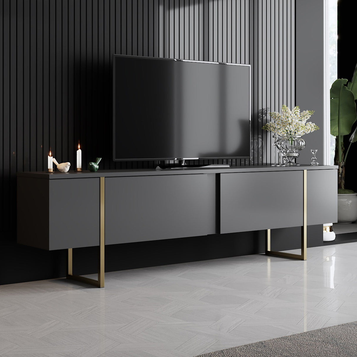 Ensemble de meubles Anthracite Luxe - Table basse + meuble TV - Cadre doré