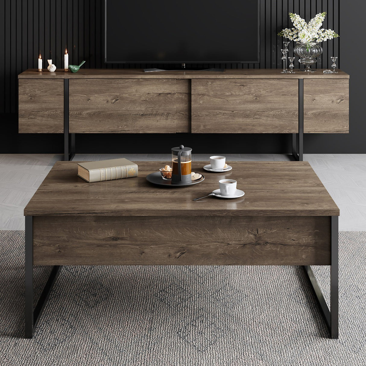 Ensemble de meubles de luxe en noyer - Table basse + meuble TV - Cadre noir