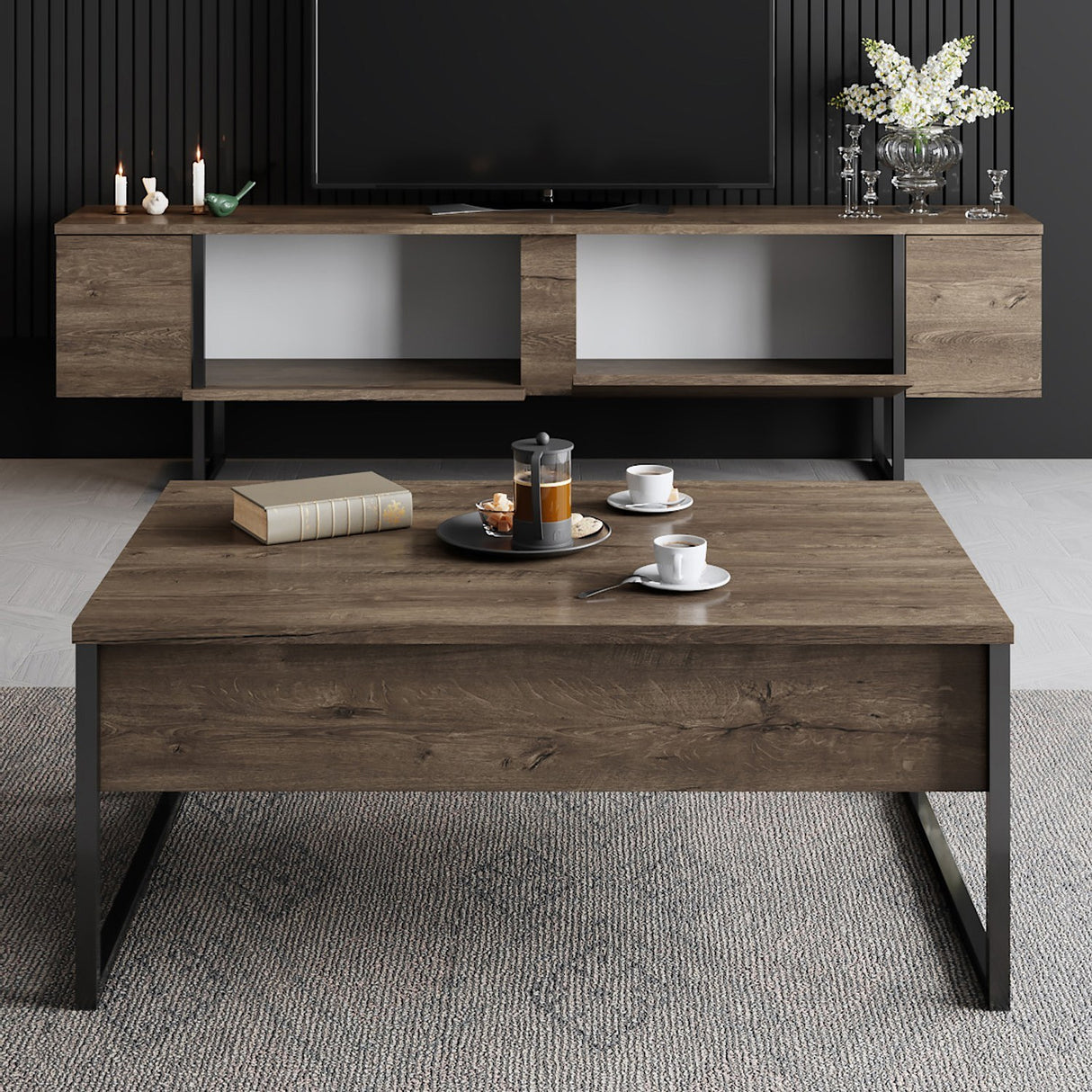 Ensemble de meubles de luxe en noyer - Table basse + meuble TV - Cadre noir