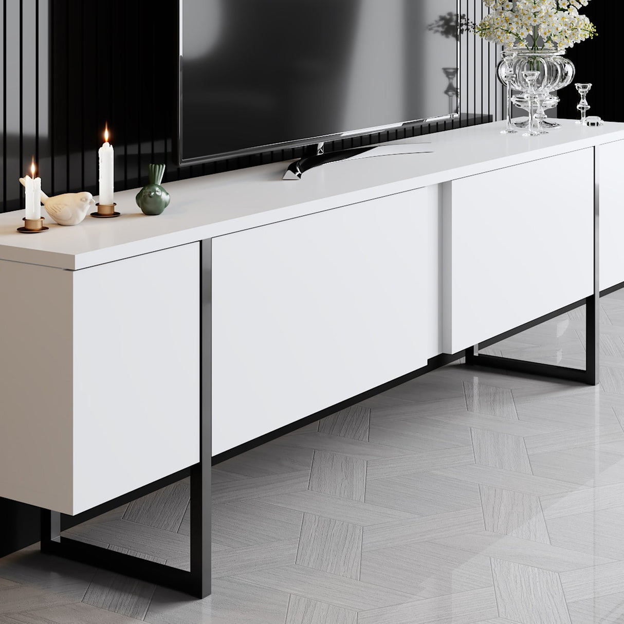 Ensemble de meubles White Luxury - Table basse + meuble TV - Cadre noir