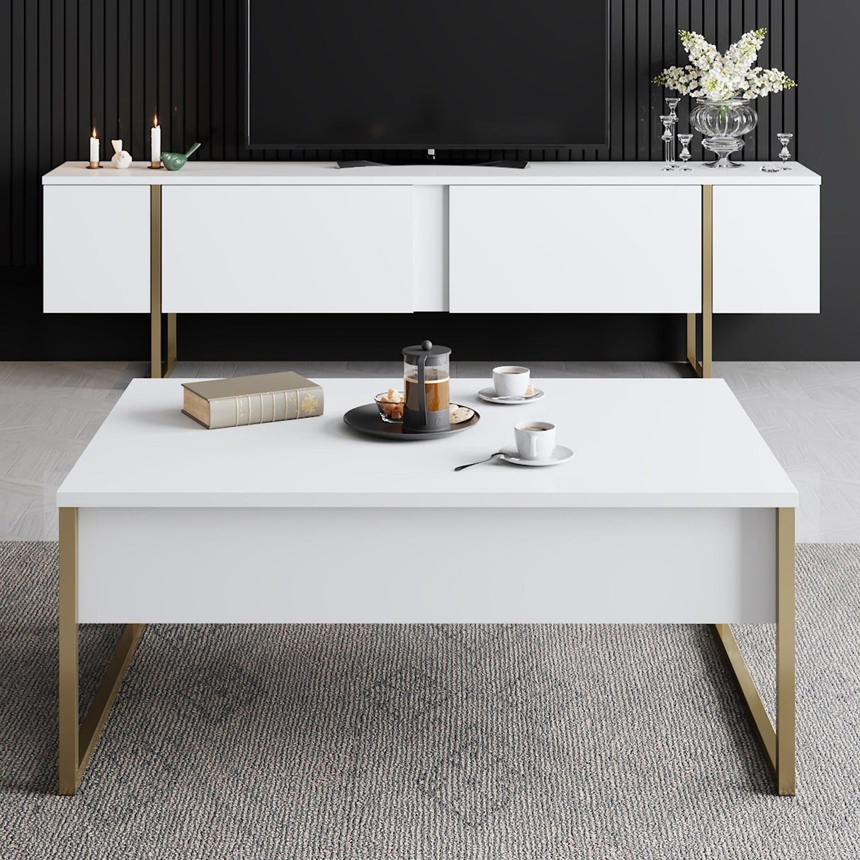 Ensemble de meubles Blanc Luxe - Table basse + Meuble TV - Cadre doré