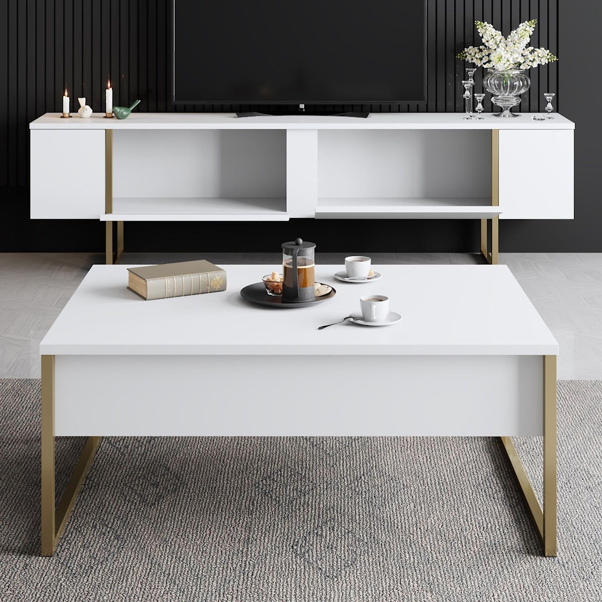 Ensemble de meubles Blanc Luxe - Table basse + Meuble TV - Cadre doré