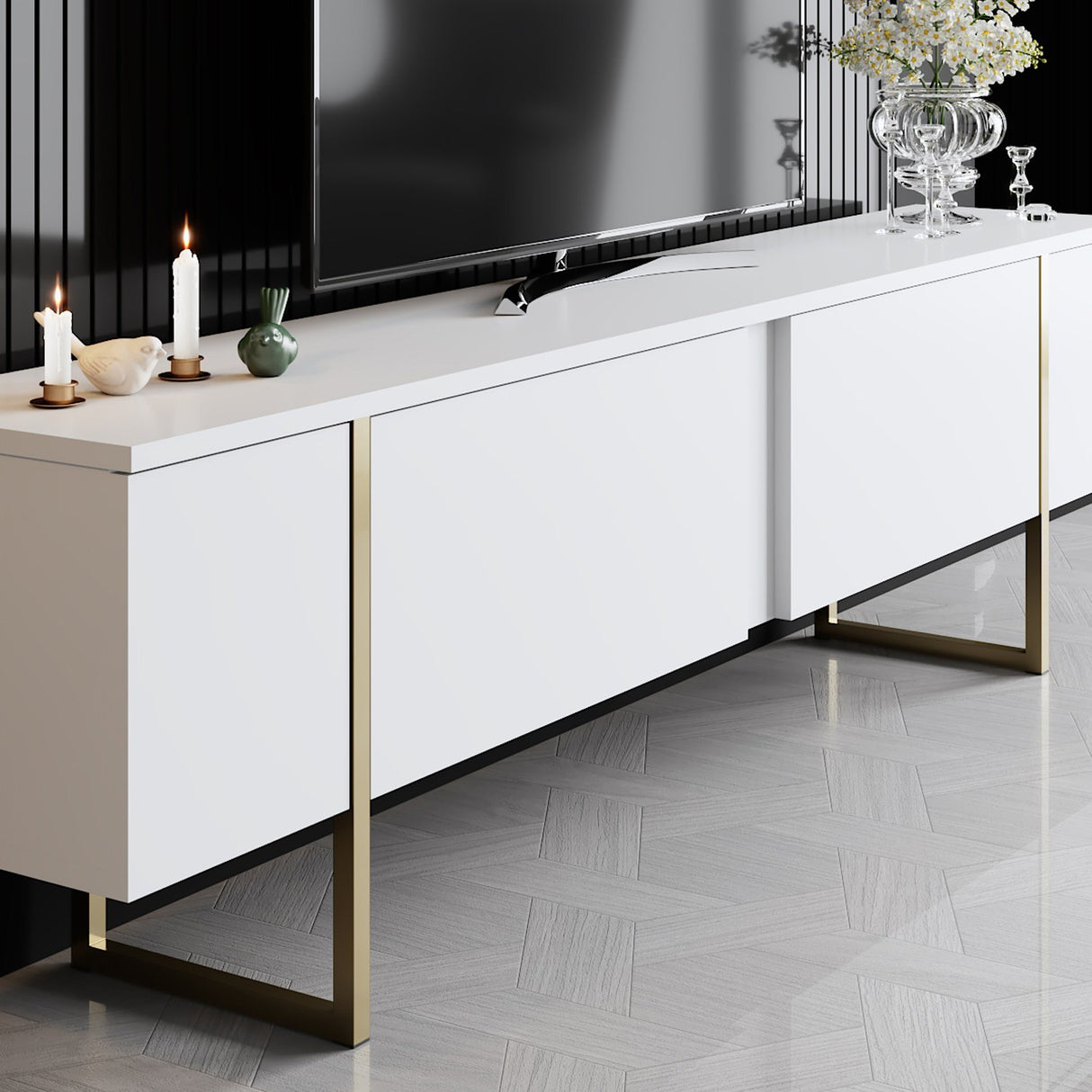 Ensemble de meubles Blanc Luxe - Table basse + Meuble TV - Cadre doré