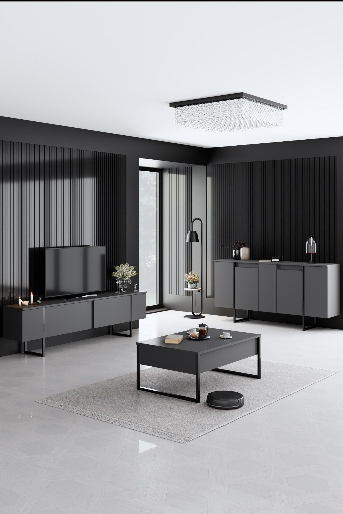 Buffet Moderne Anthracite Luxe 160x80x35 - Cadre Noir