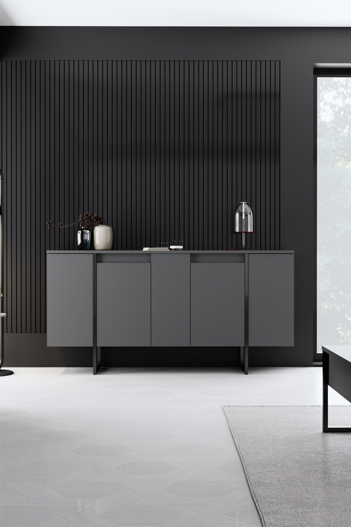 Ensemble de meubles Anthracite Luxe - Table basse + Meuble TV + Buffet - Cadre noir