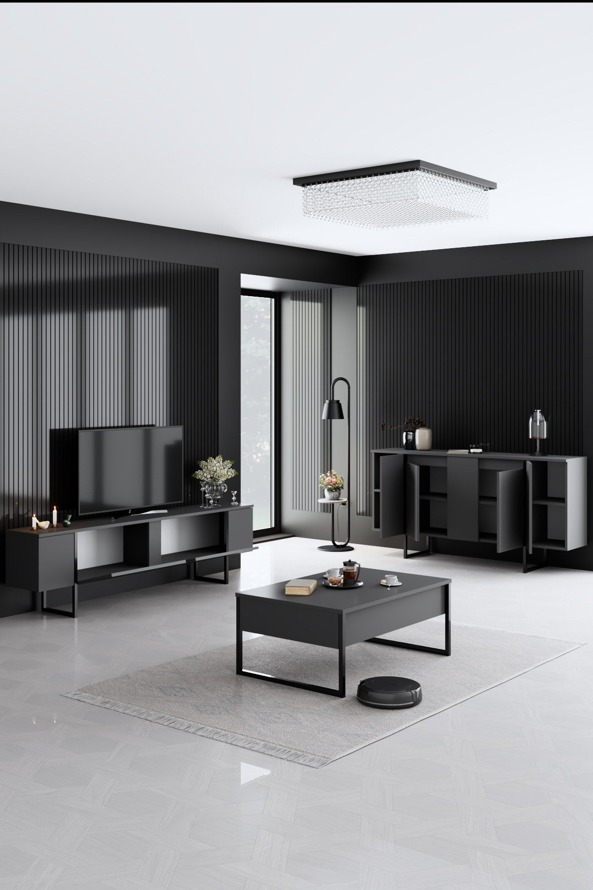 Ensemble de meubles Anthracite Luxe - Table basse + Meuble TV + Buffet - Cadre noir