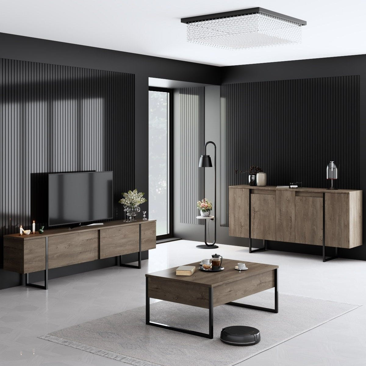 Ensemble de meubles de luxe en noyer - Table basse, meuble TV et buffet - Cadre noir