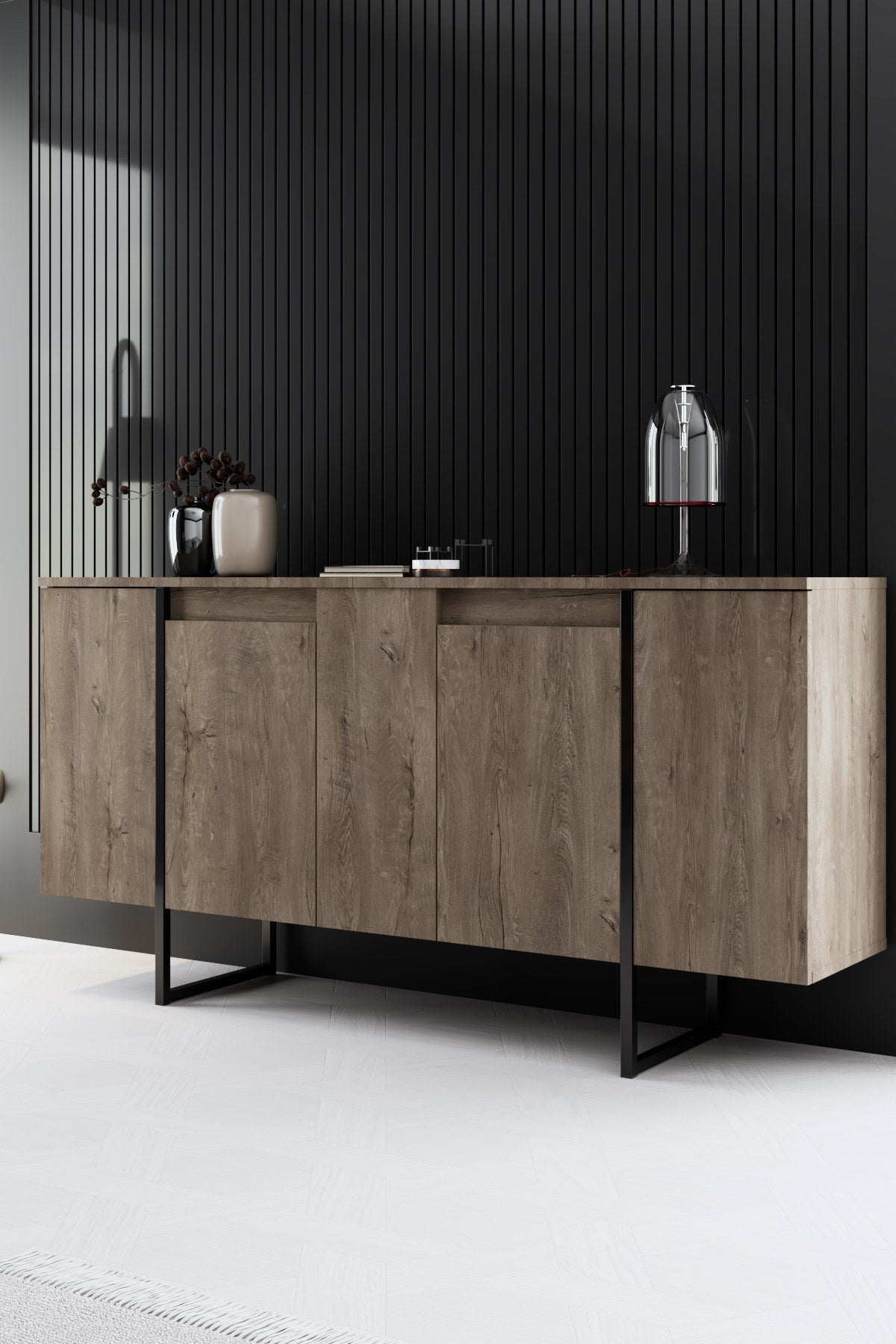 Ensemble de meubles de luxe en noyer - Table basse, meuble TV et buffet - Cadre noir