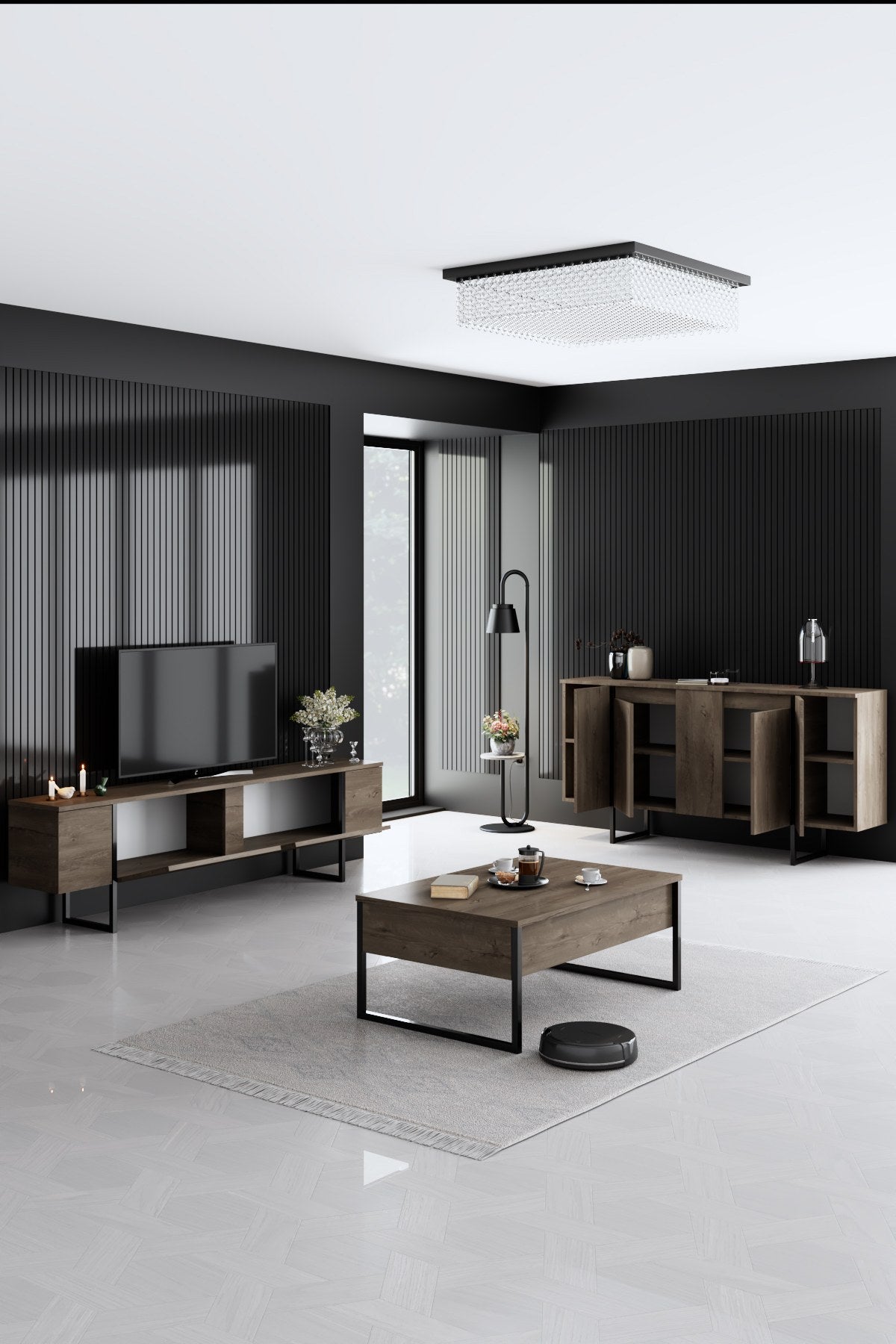 Ensemble de meubles de luxe en noyer - Table basse, meuble TV et buffet - Cadre noir