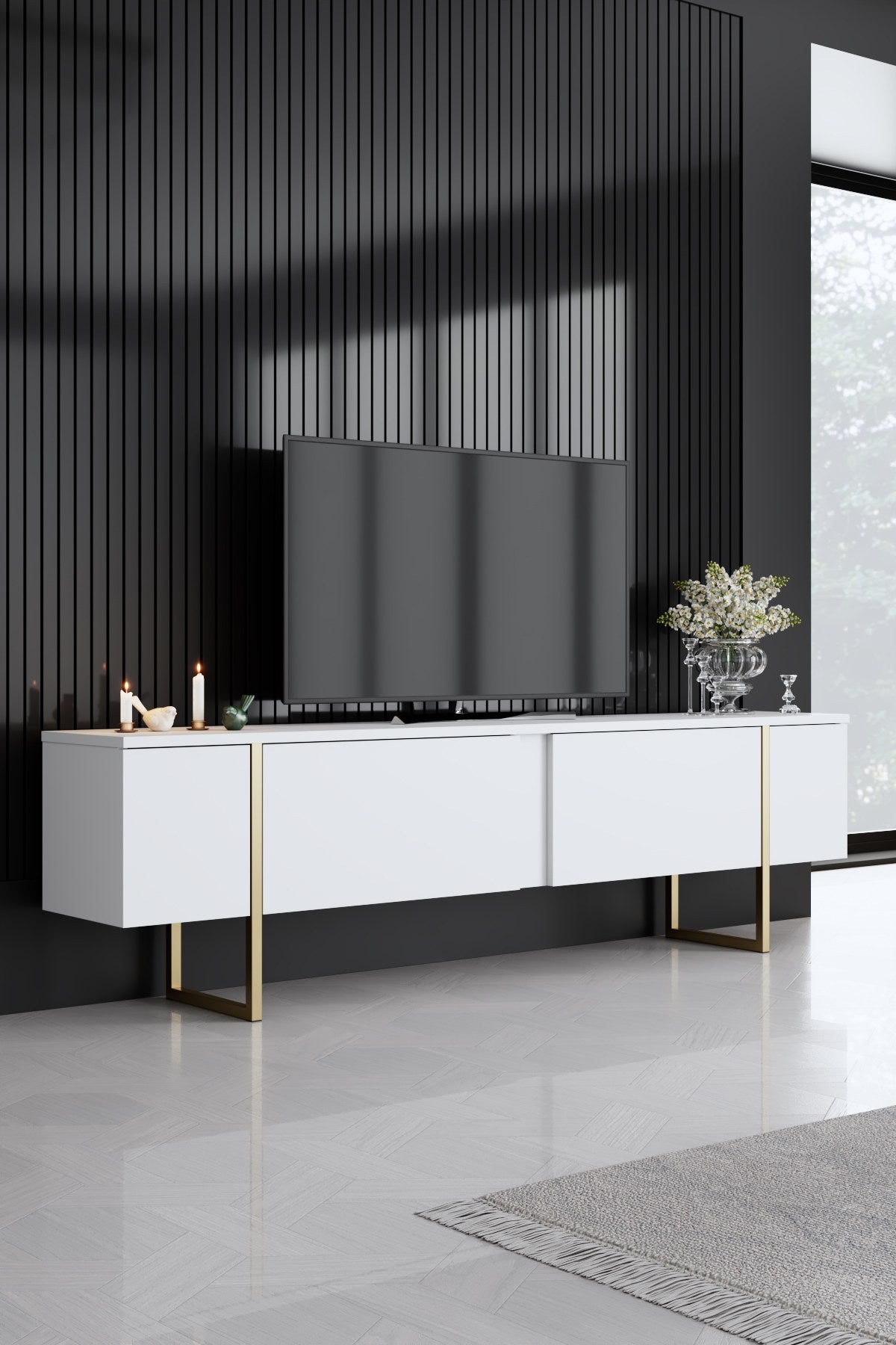 Meubelsets - Meubelset Wit Luxe - Salontafel + TV Meubel + Dressoir - Gouden Frame - Dimehouse