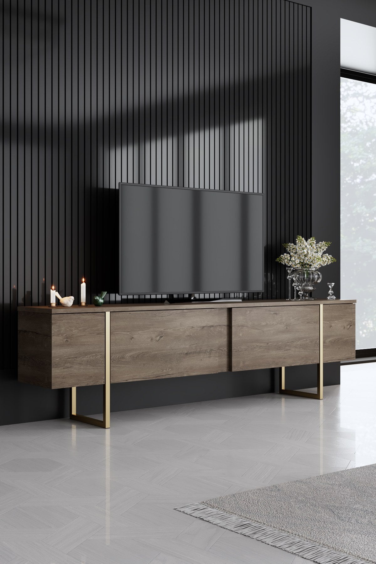 Ensemble de meubles de luxe en noyer - Table basse, meuble TV et buffet - Cadre doré