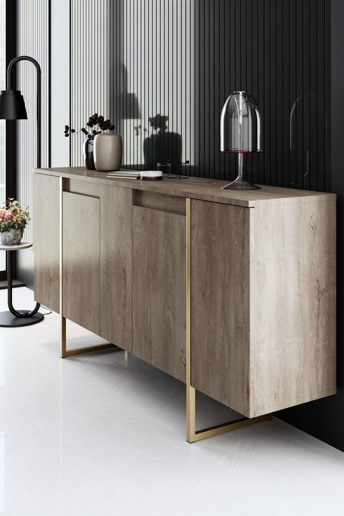 Ensemble de meubles de luxe en noyer - Table basse, meuble TV et buffet - Cadre doré