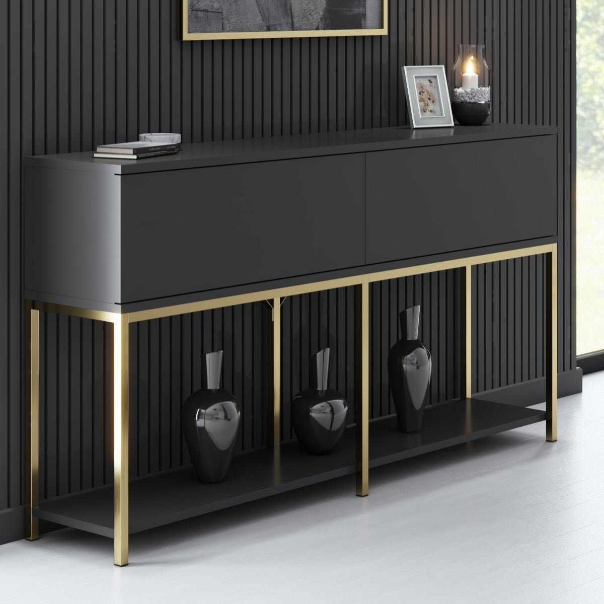 Commode moderne anthracite Lord 150x30x80 - Cadre doré - Deux compartiments