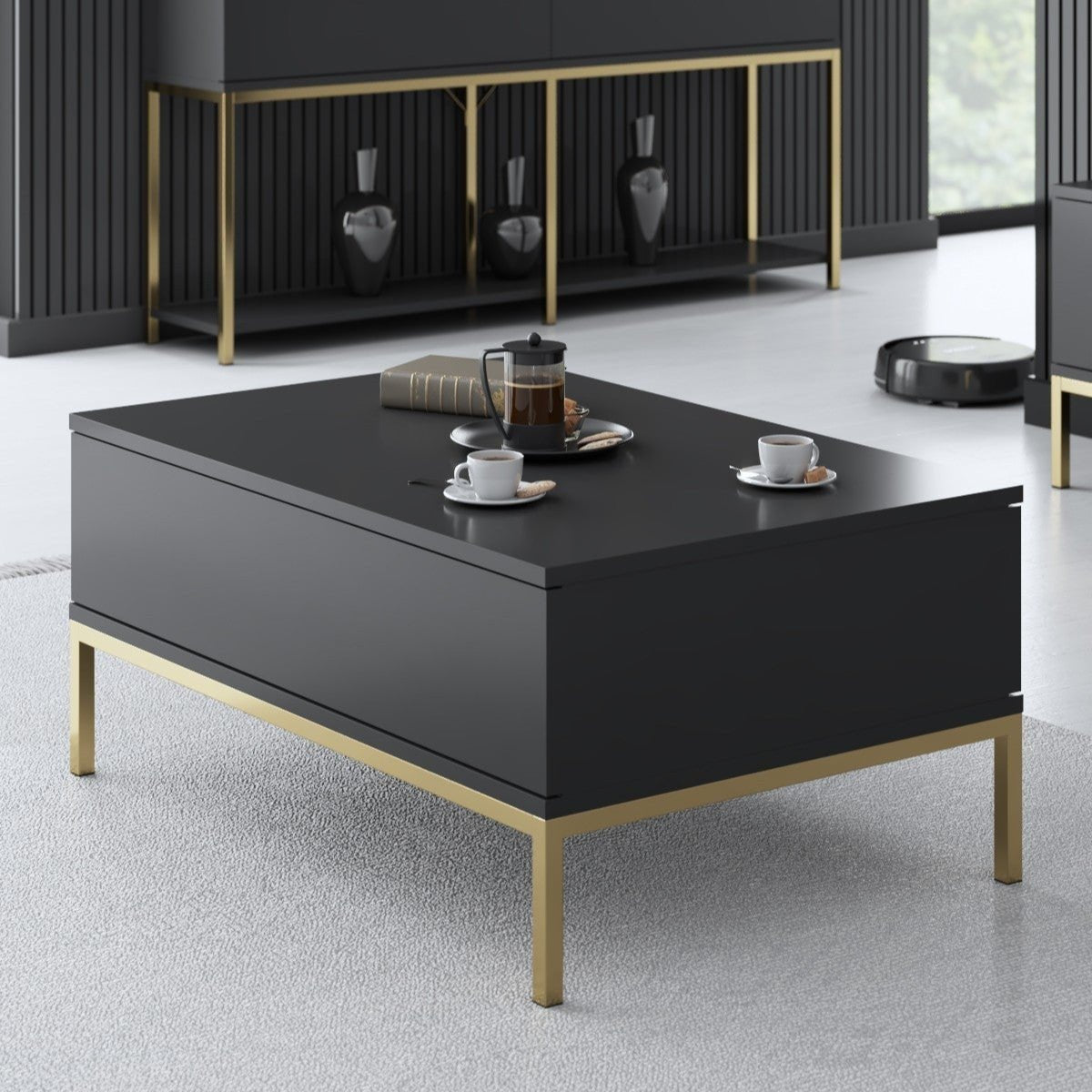 Table basse rectangulaire Lord Anthracite 90x60 - Cadre doré