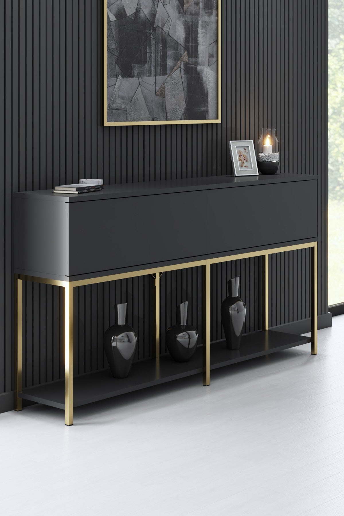Meubelsets - Meubelset Antraciet Lord - Salontafel + TV Meubel + Dressoir - Gouden Frame - Dimehouse