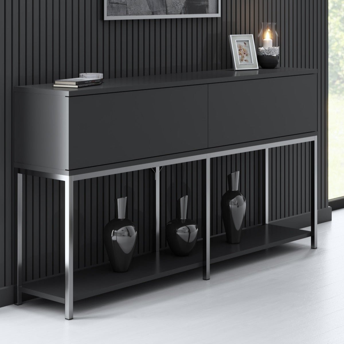 Commode moderne anthracite Lord 150x30x80 - Cadre argenté - Deux compartiments