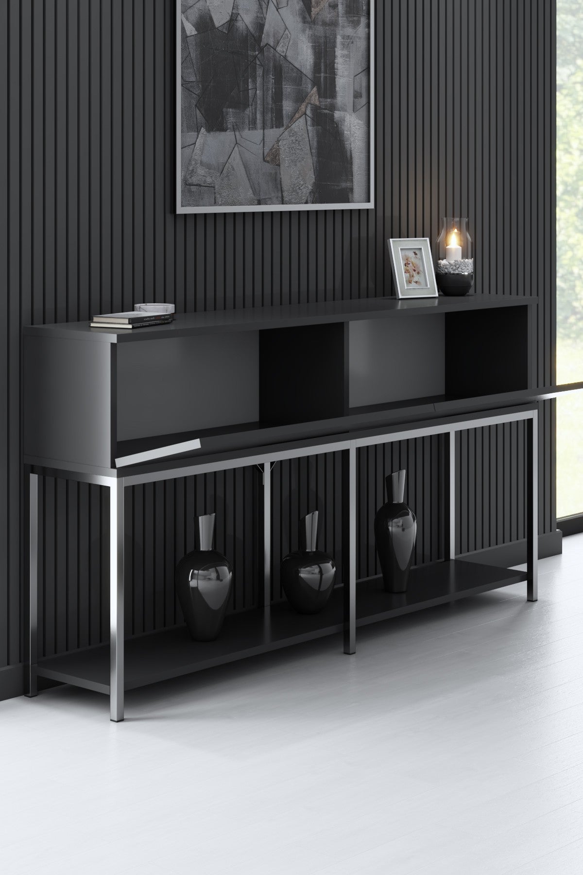 Commode moderne anthracite Lord 150x30x80 - Cadre argenté - Deux compartiments