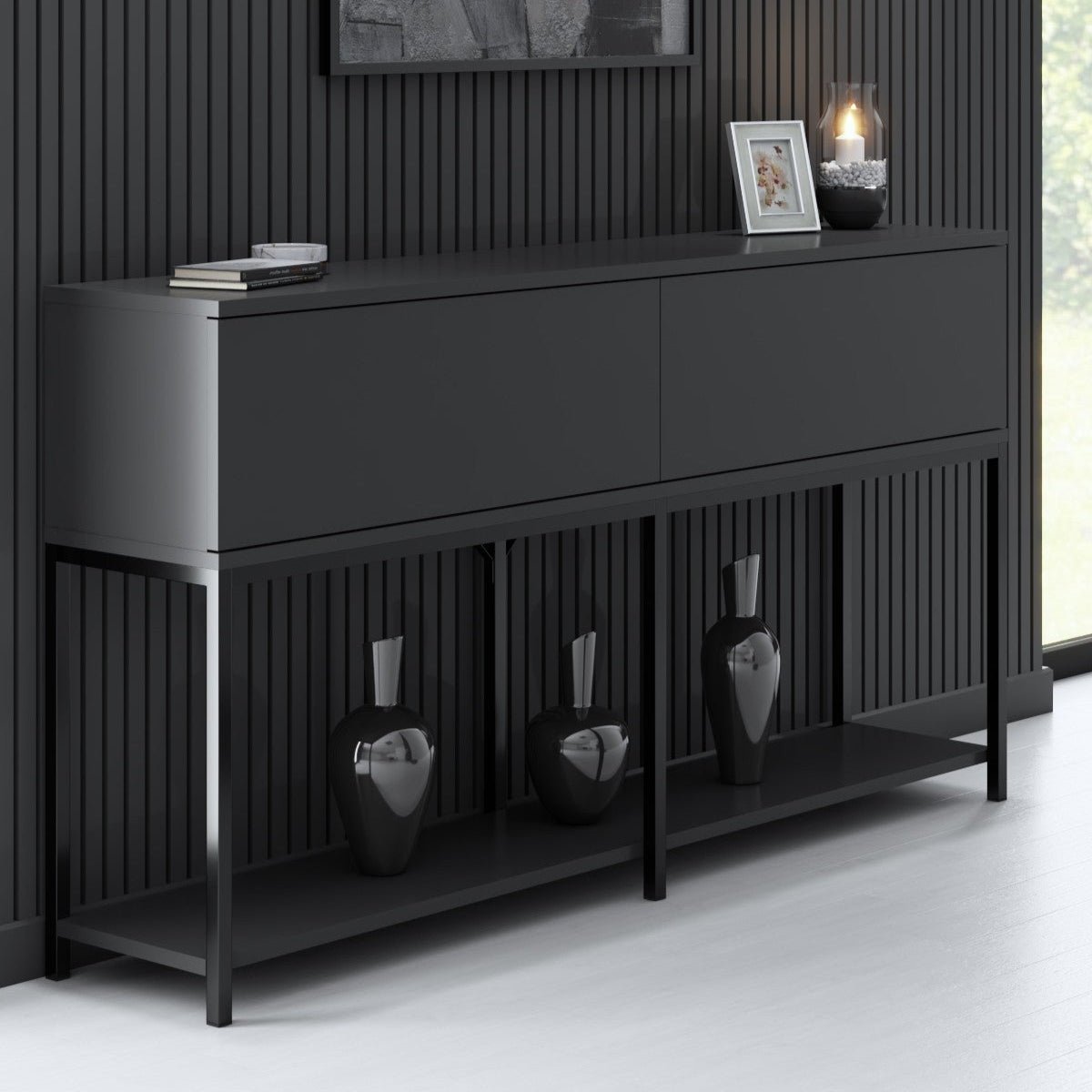 Commode moderne anthracite Lord 150x30x80 - Cadre noir - Deux compartiments