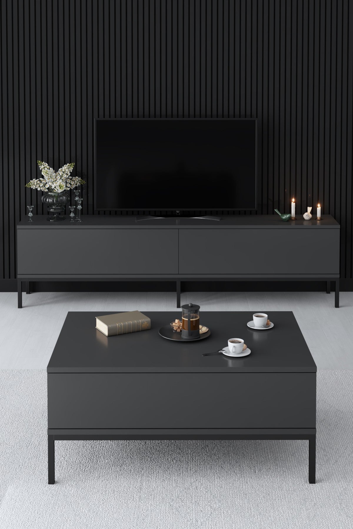 Ensemble de meubles Anthracite Lord - Table basse + Meuble TV + Buffet - Cadre noir