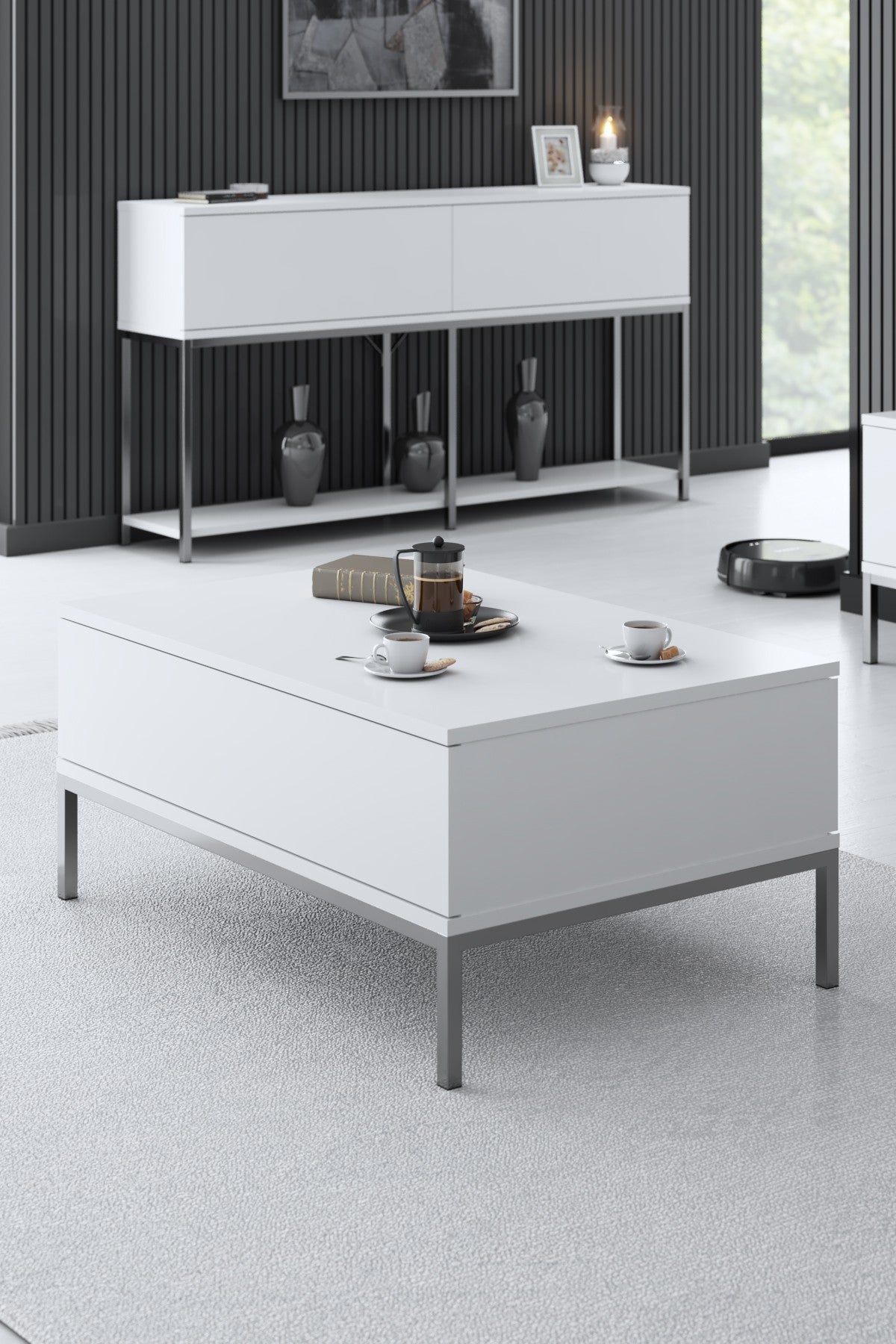 Meubelsets - Meubelset Wit Lord - Salontafel + TV Meubel + Dressoir - Zilver Frame - Dimehouse