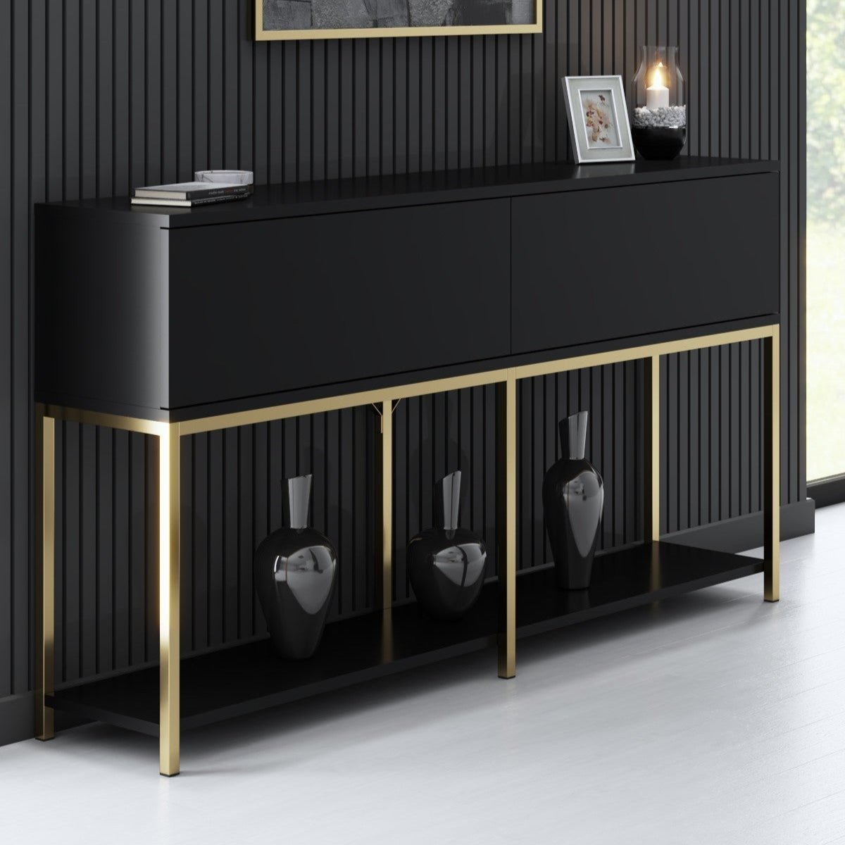 Commode moderne Black Lord 150x30x80 - Cadre doré - Deux compartiments