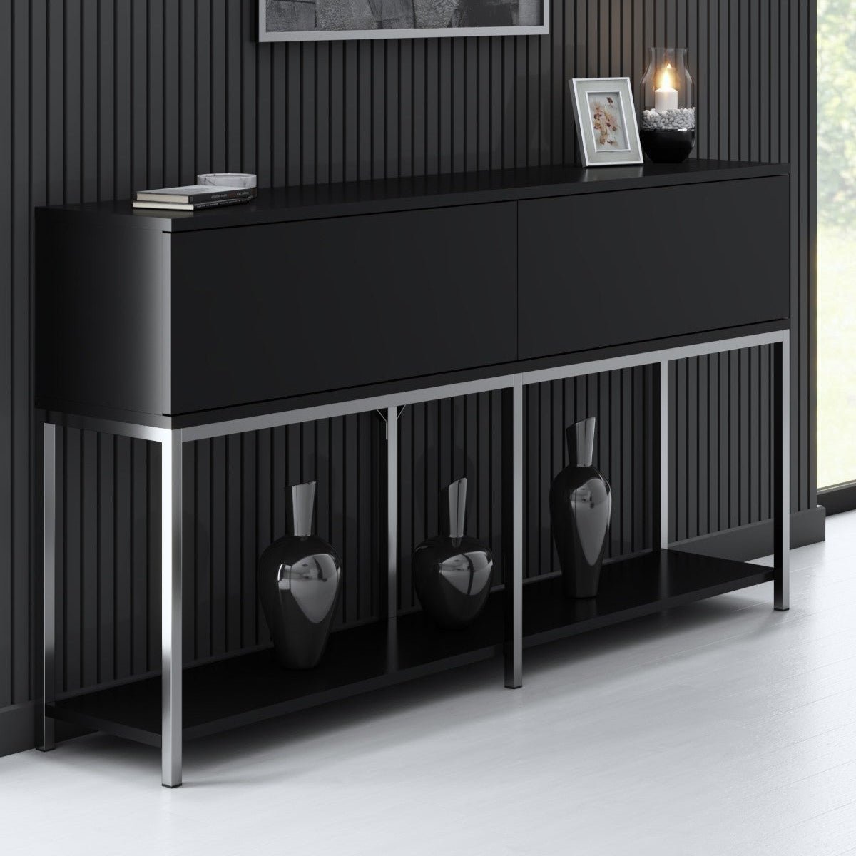 Commode moderne Black Lord 150x30x80 - Cadre argenté - Deux compartiments
