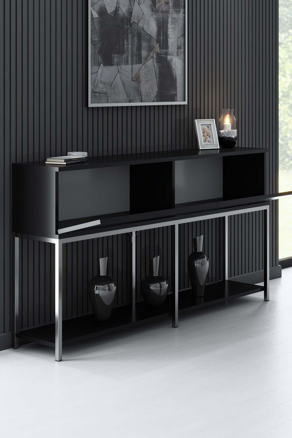 Commode moderne Black Lord 150x30x80 - Cadre argenté - Deux compartiments