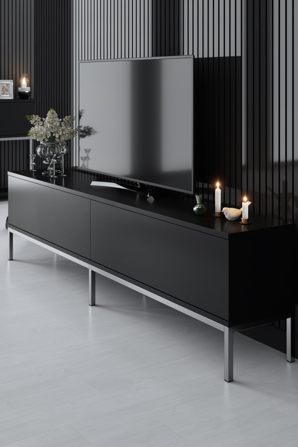 Ensemble de meubles Black Lord - Table basse + Meuble TV + Buffet - Cadre argenté