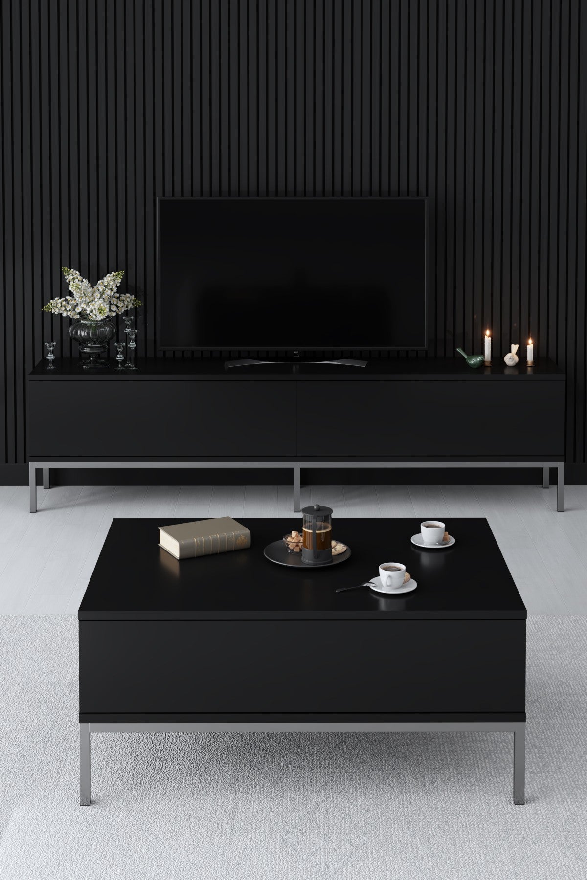 Ensemble de meubles Black Lord - Table basse + Meuble TV + Buffet - Cadre argenté