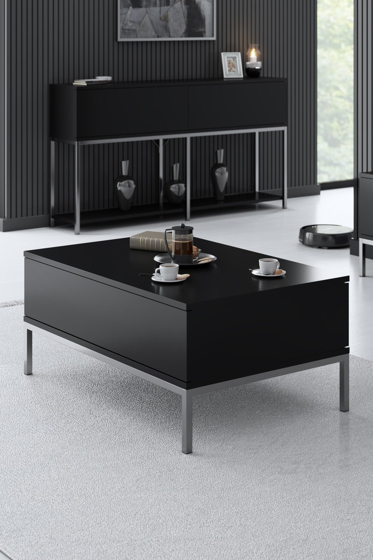 Ensemble de meubles Black Lord - Table basse + Meuble TV + Buffet - Cadre argenté