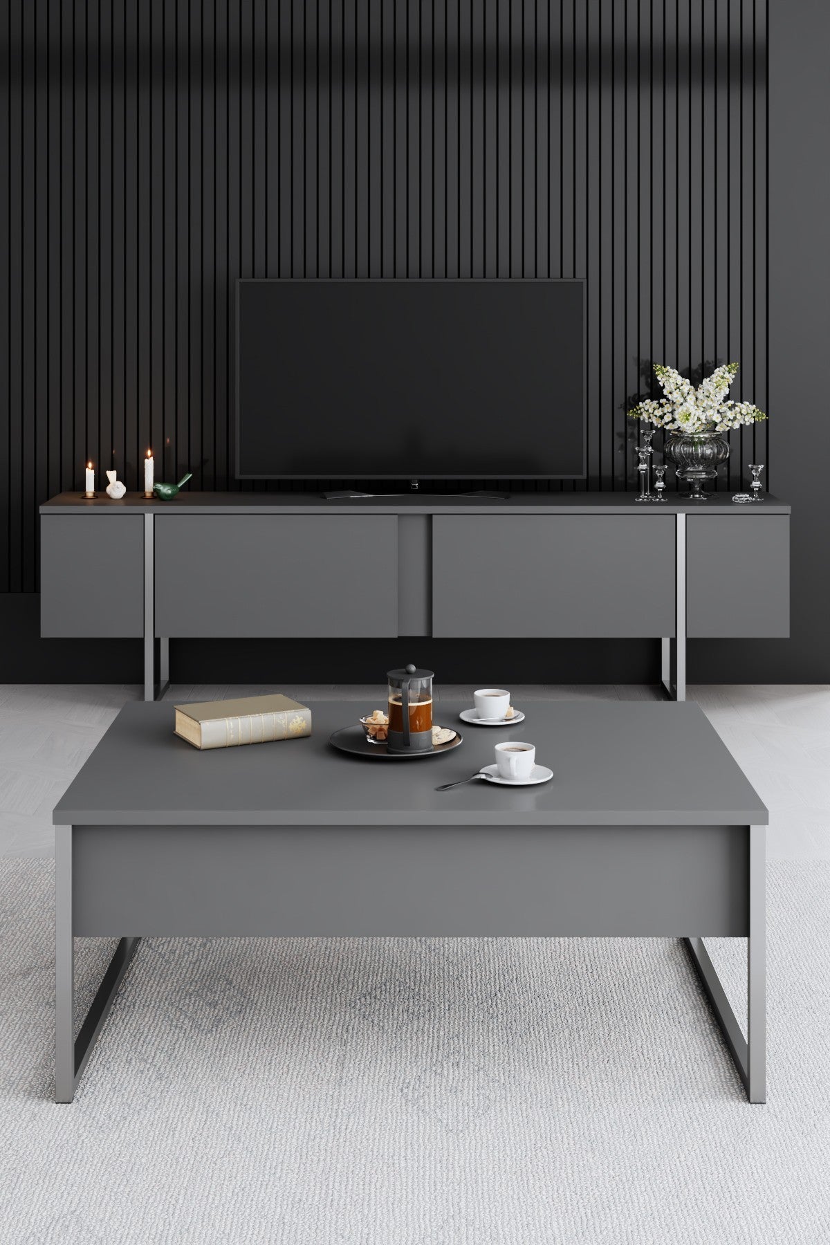 Meubelsets - Meubelset Antraciet Luxe - Salontafel + TV Meubel + Dressoir - Zilver Frame - Dimehouse