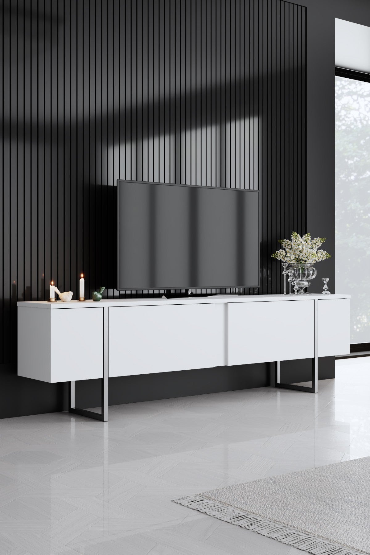 Ensemble de meubles de luxe blanc - Table basse + meuble TV + commode de luxe - Cadre argenté