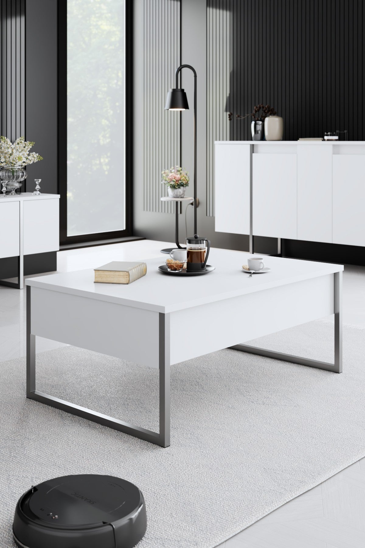 Ensemble de meubles de luxe blanc - Table basse + meuble TV + commode de luxe - Cadre argenté