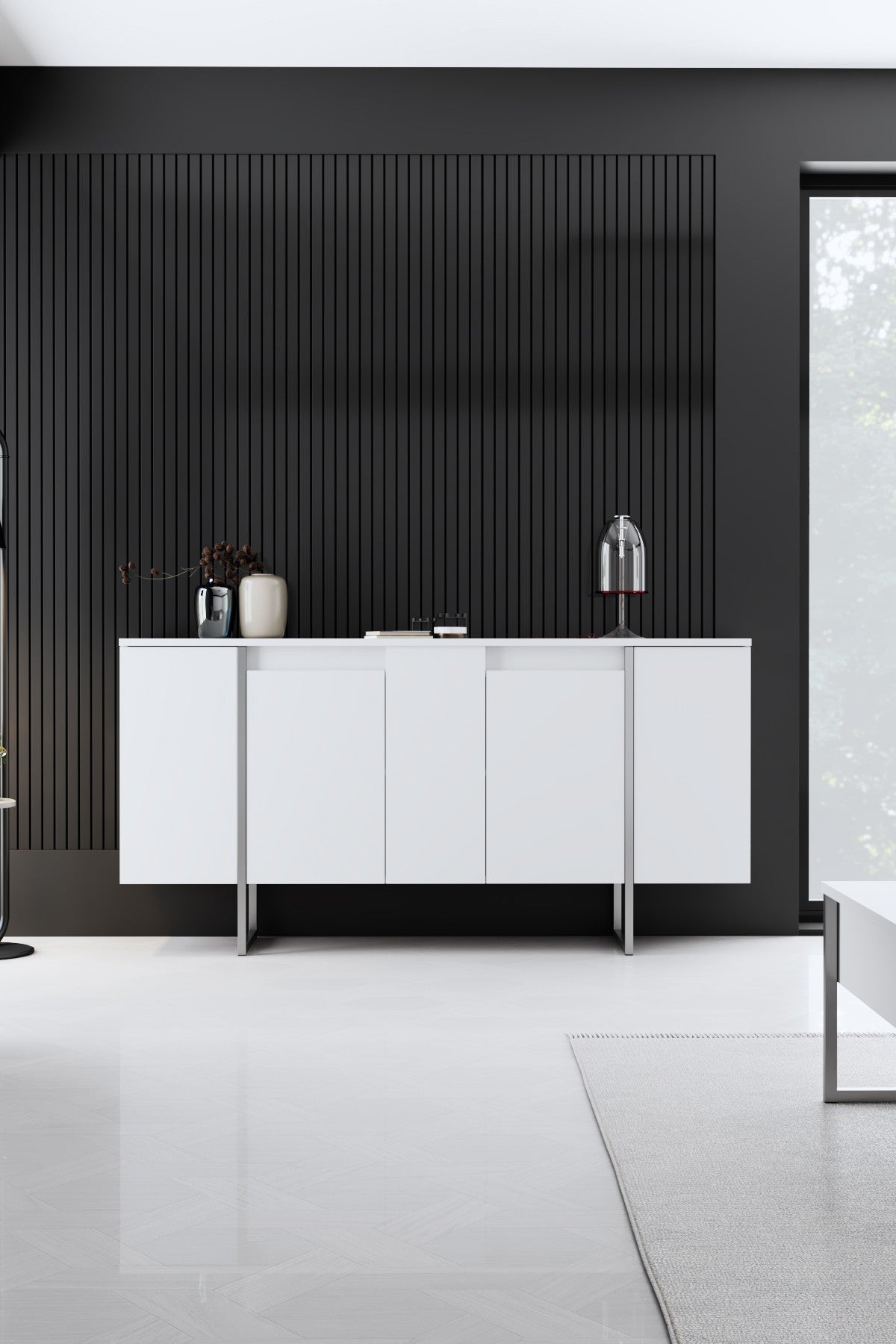 Ensemble de meubles de luxe blanc - Table basse + meuble TV + commode de luxe - Cadre argenté