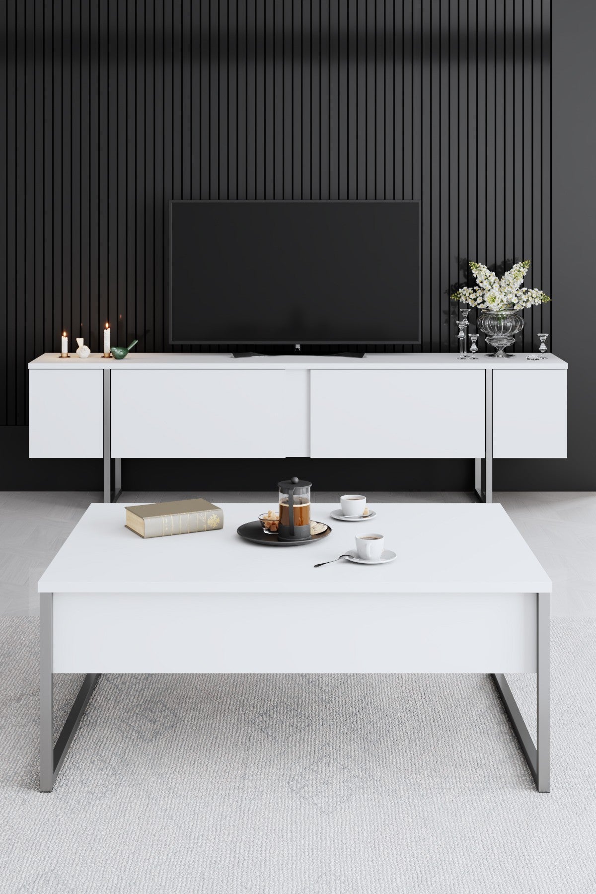 Ensemble de meubles de luxe blanc - Table basse + meuble TV + commode de luxe - Cadre argenté