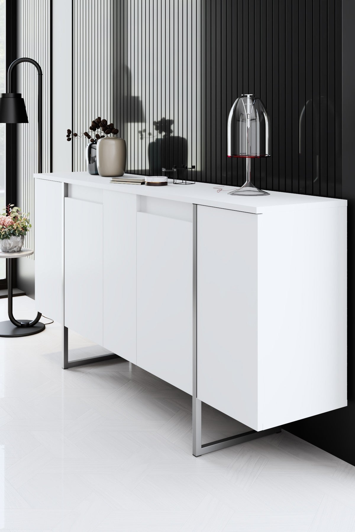 Ensemble de meubles de luxe blanc - Table basse + meuble TV + commode de luxe - Cadre argenté