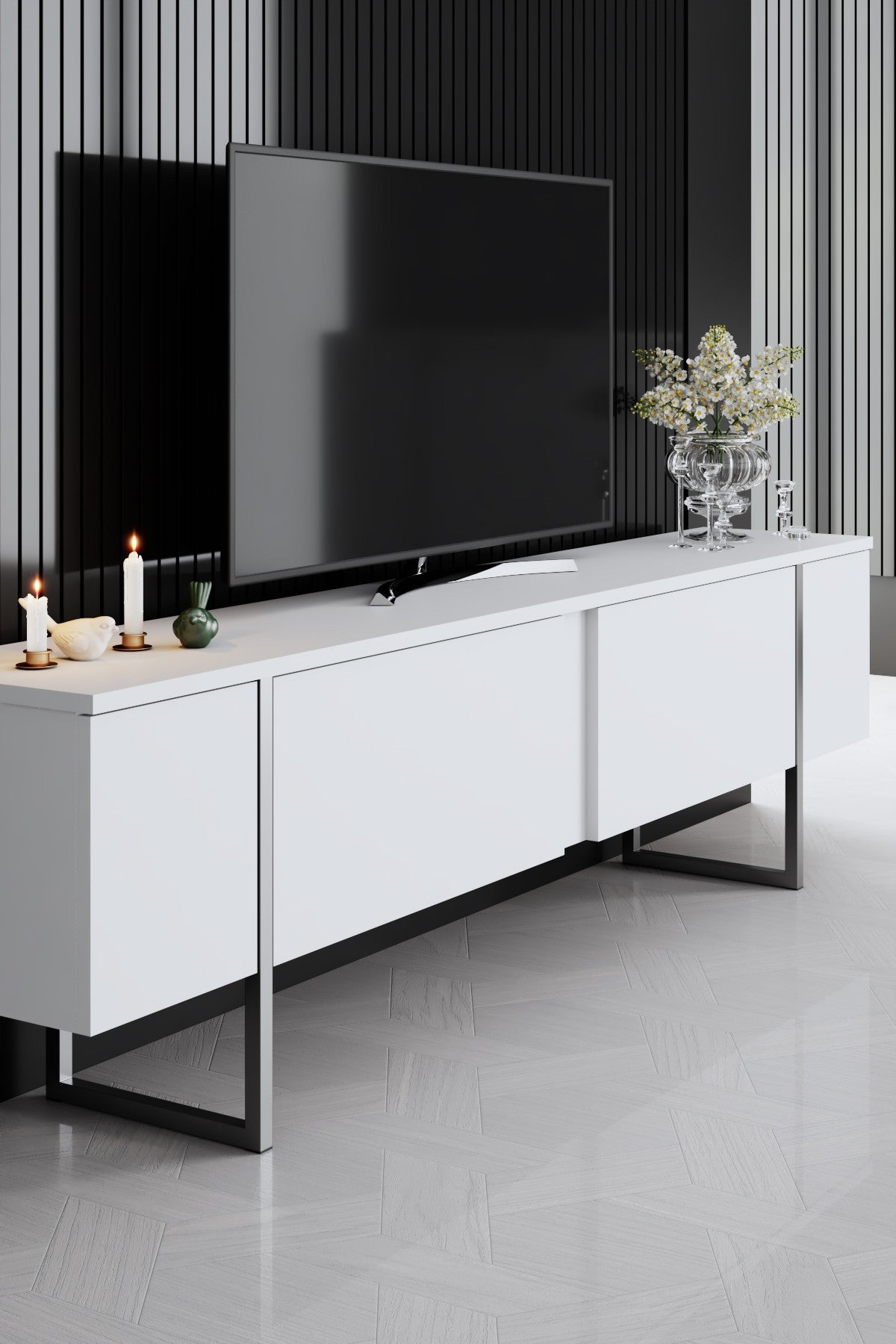 Ensemble de meubles de luxe blanc - Table basse + meuble TV + commode de luxe - Cadre argenté